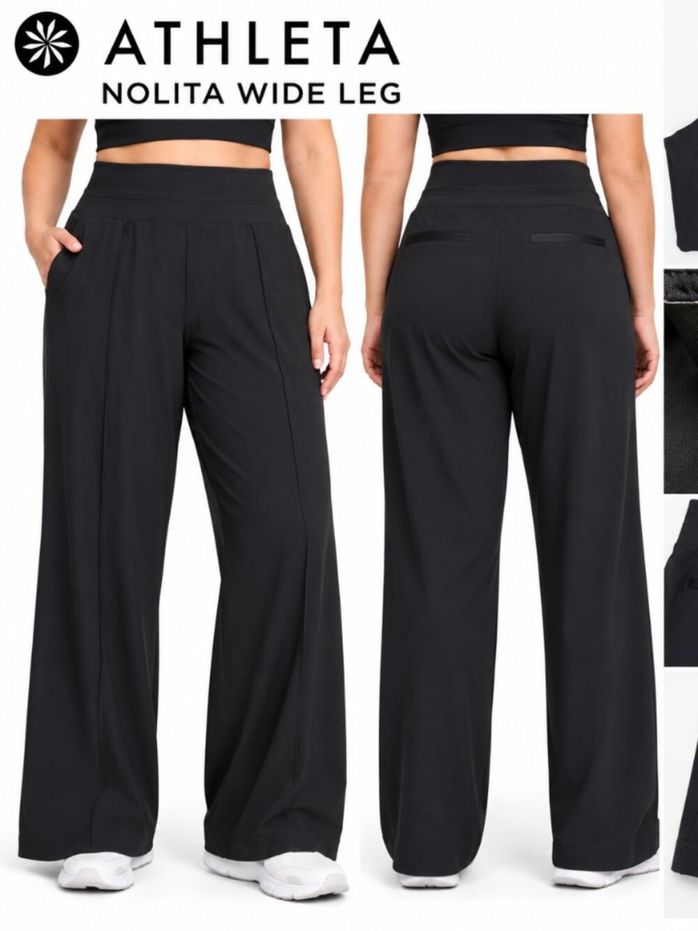 Athleta Nolita Wide Leg Pants Womens Size 22 Black High Rise Pull On side Strip
